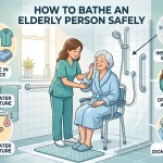 Caregiver helping an elderly woman safely bathe using a shower chair