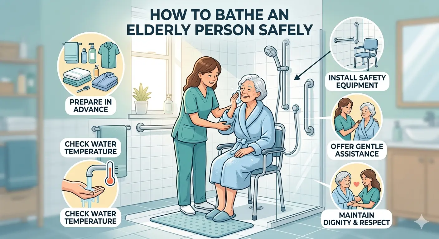 Caregiver helping an elderly woman safely bathe using a shower chair
